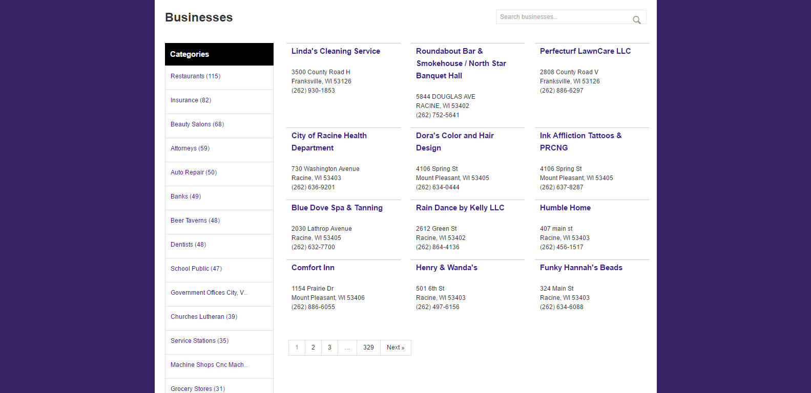A sample business directory listing page