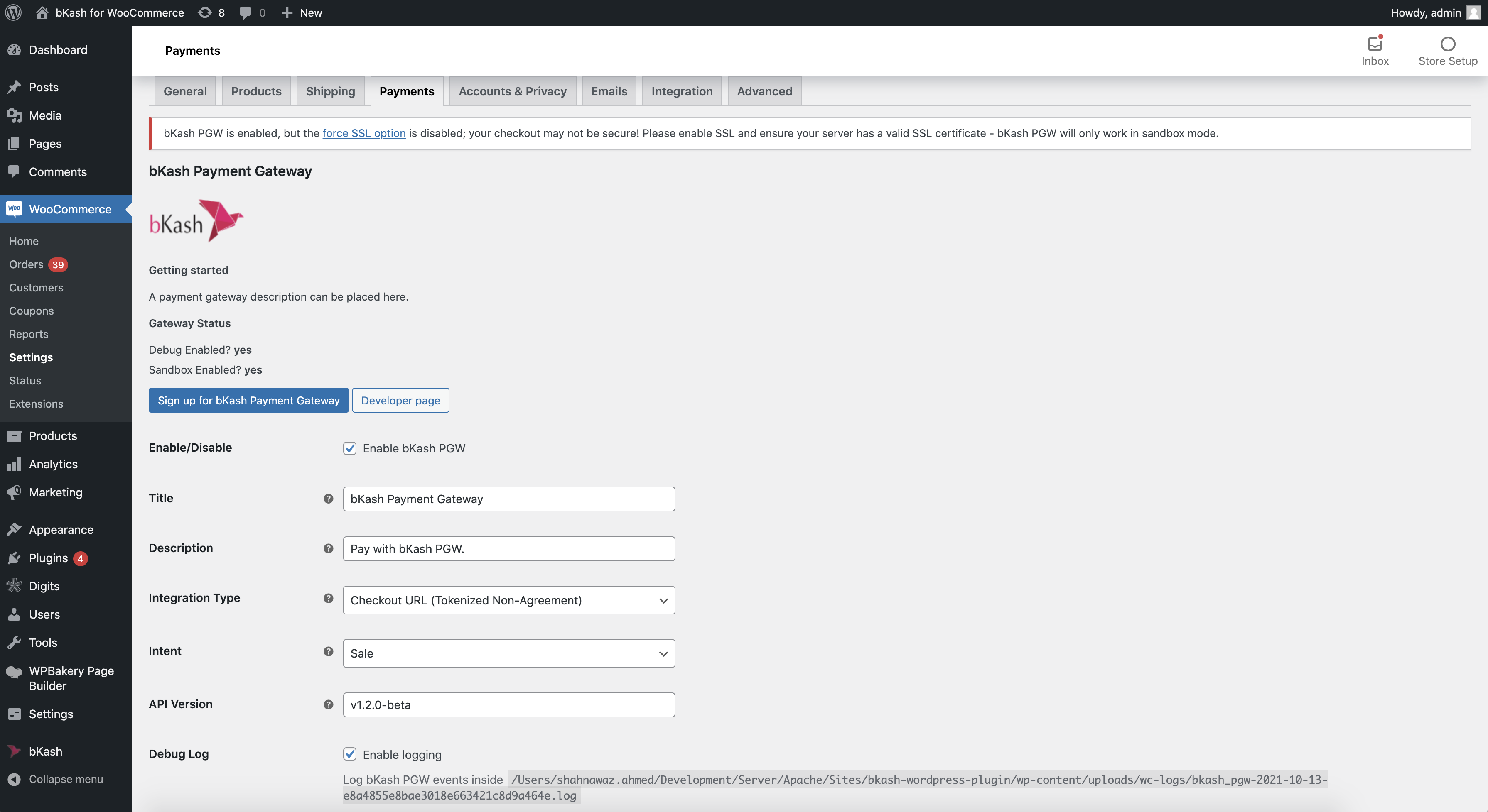 Settings page of bKash payment method