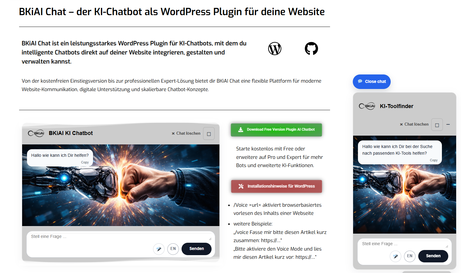 Frontend desktop chat view on a WordPress website.
