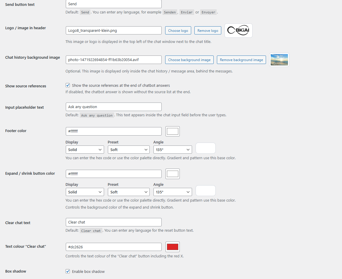 Design settings for colours, border, and layout.