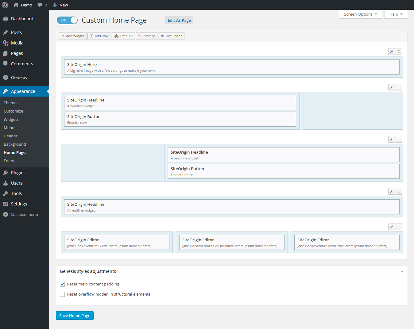 Admin screen for Custom Home Page