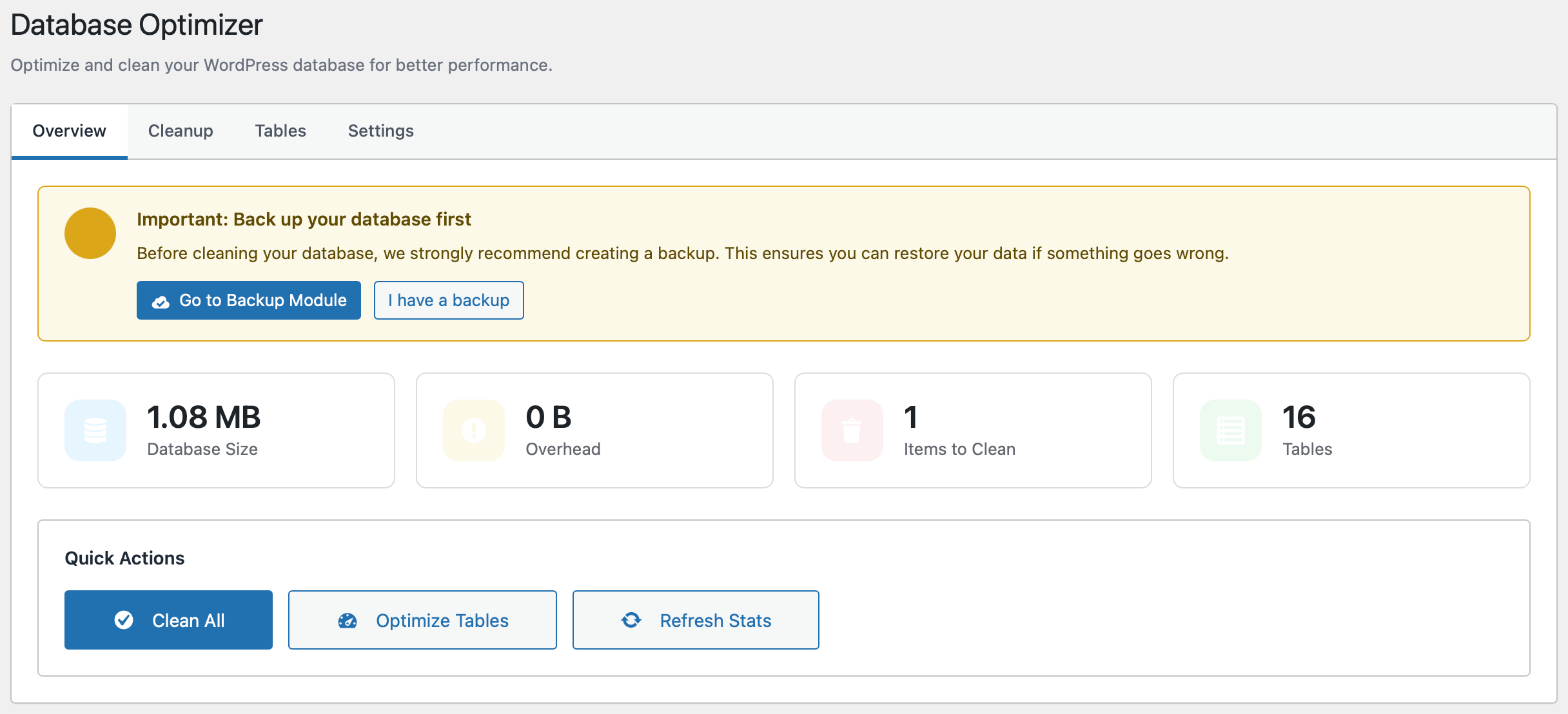 Database Optimizer – Overview of database size with one-click optimization actions.