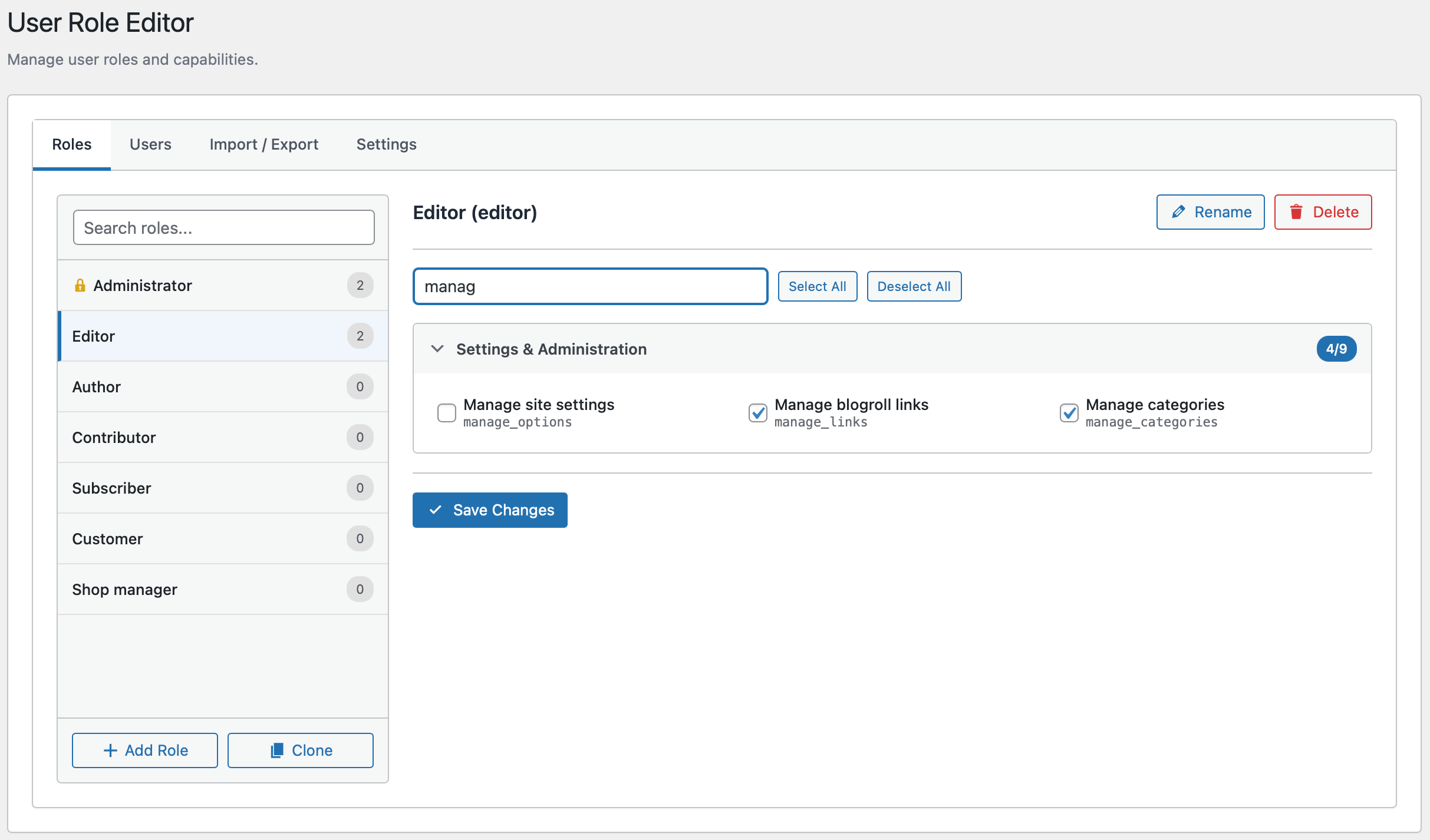 User Role Editor – Edit capabilities per role with search, add/clone roles, and per-user overrides.