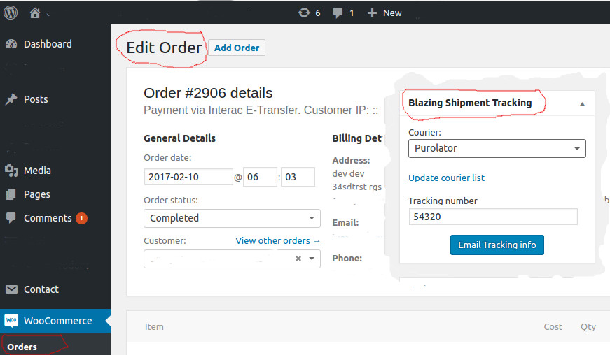 Blazing Shipment Tracking Box at "Edit Order" page, where you can add shipment tracking info for the order