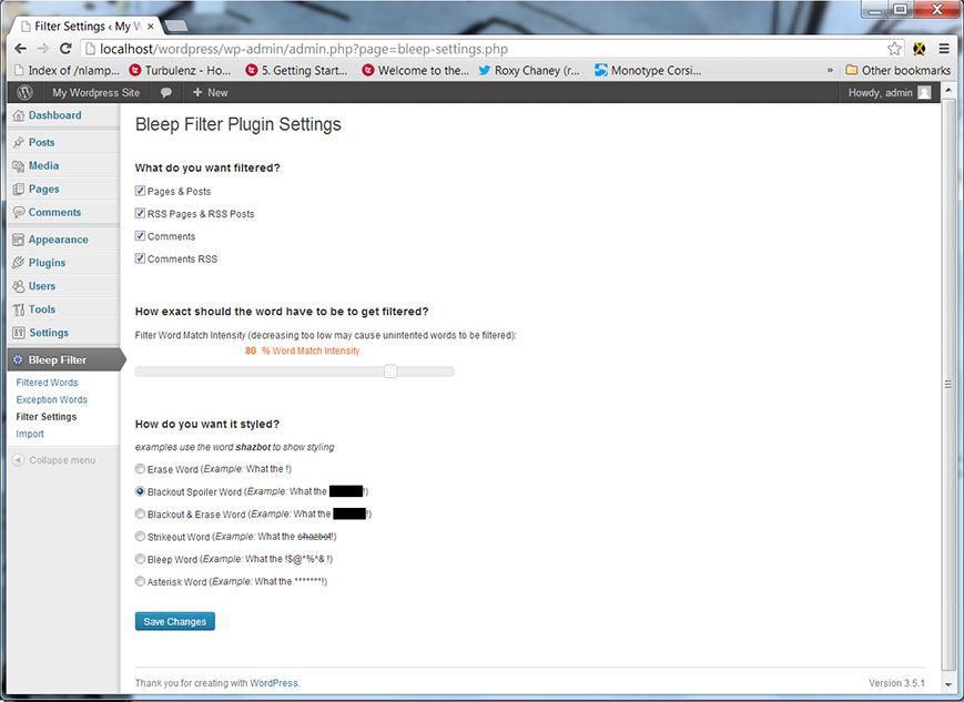 Bleep Filter Settings Page