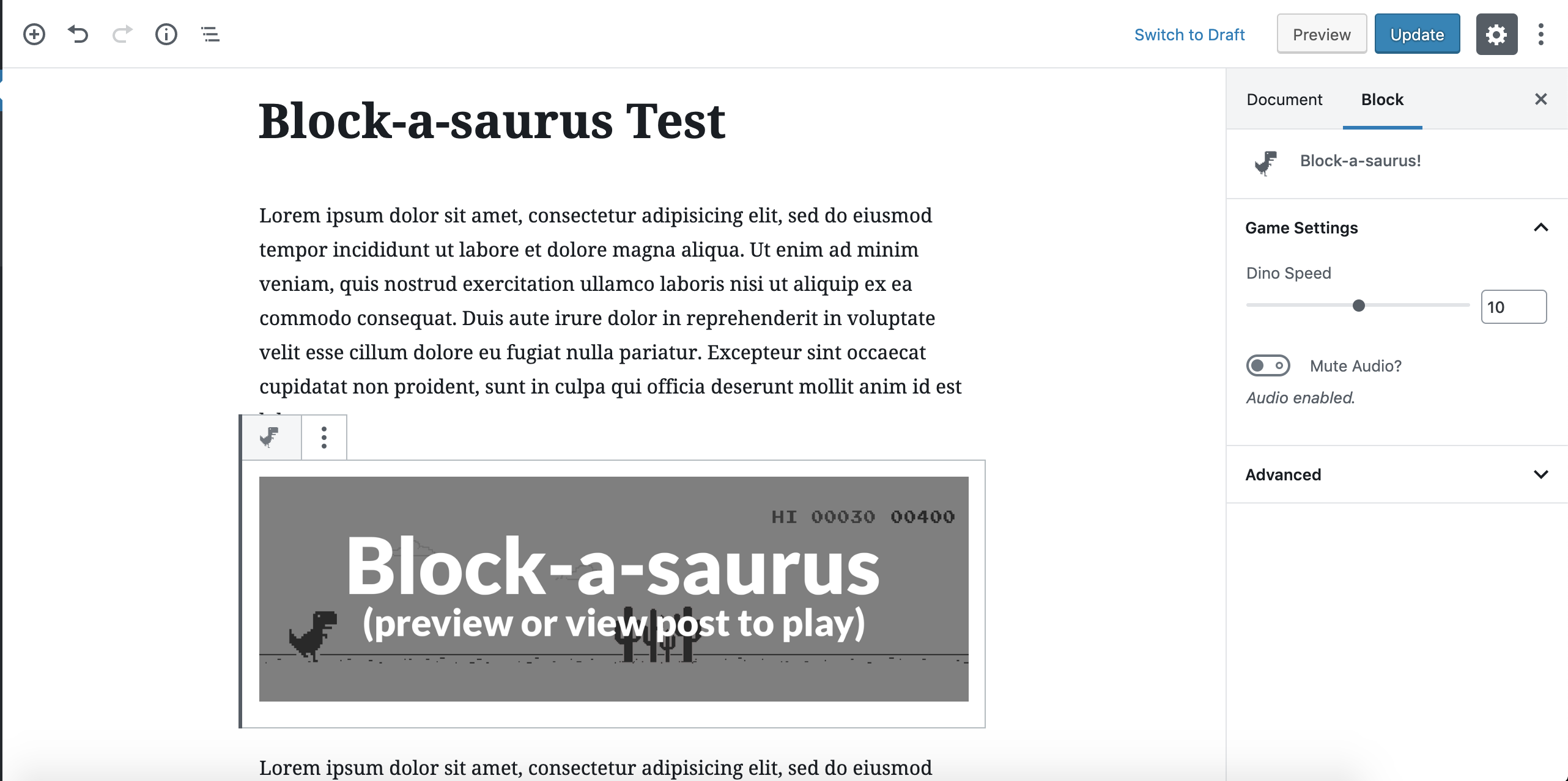 A view of the Block-a-saurus plugin from within the editor