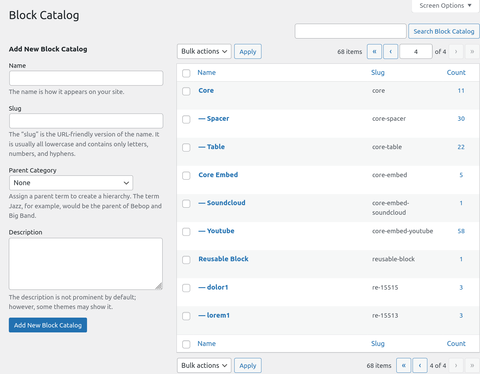 The Blocks found by the plugin on your site.