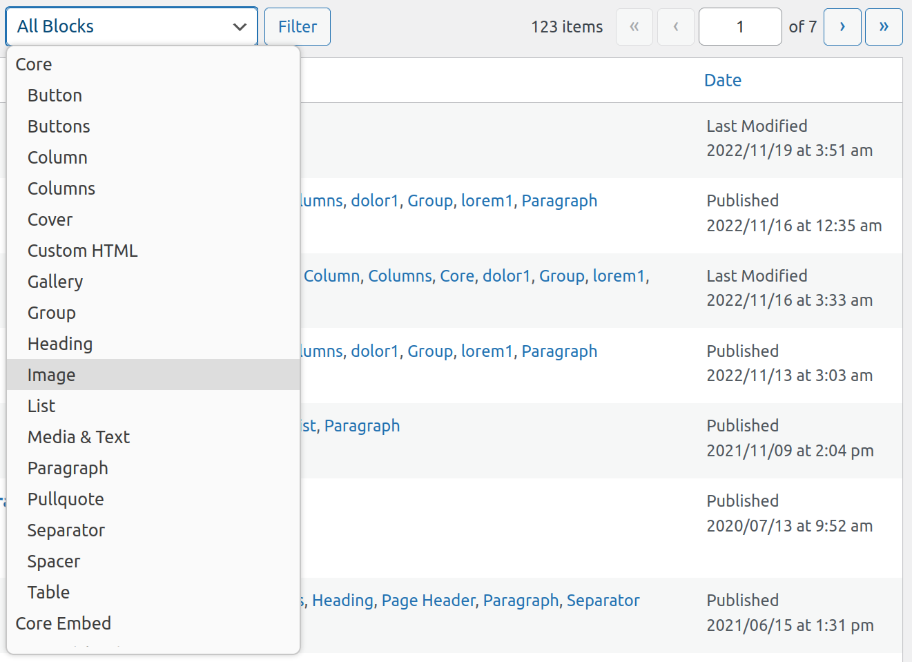 You can filter the post listing to a specific Block using this dropdown.