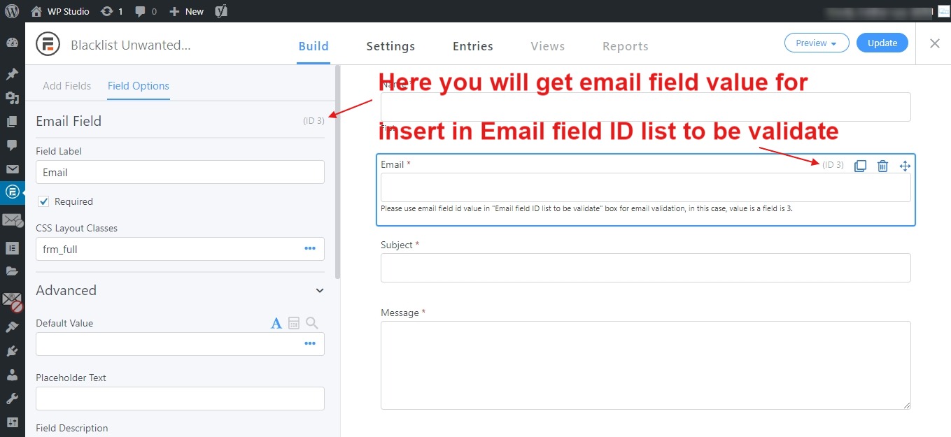 Formidable Form Email Field ID