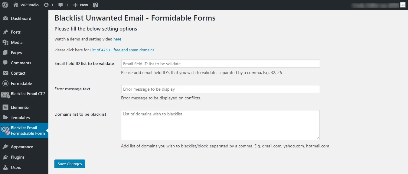 Blacklist Unwanted Email - Formidable Forms Setting Page