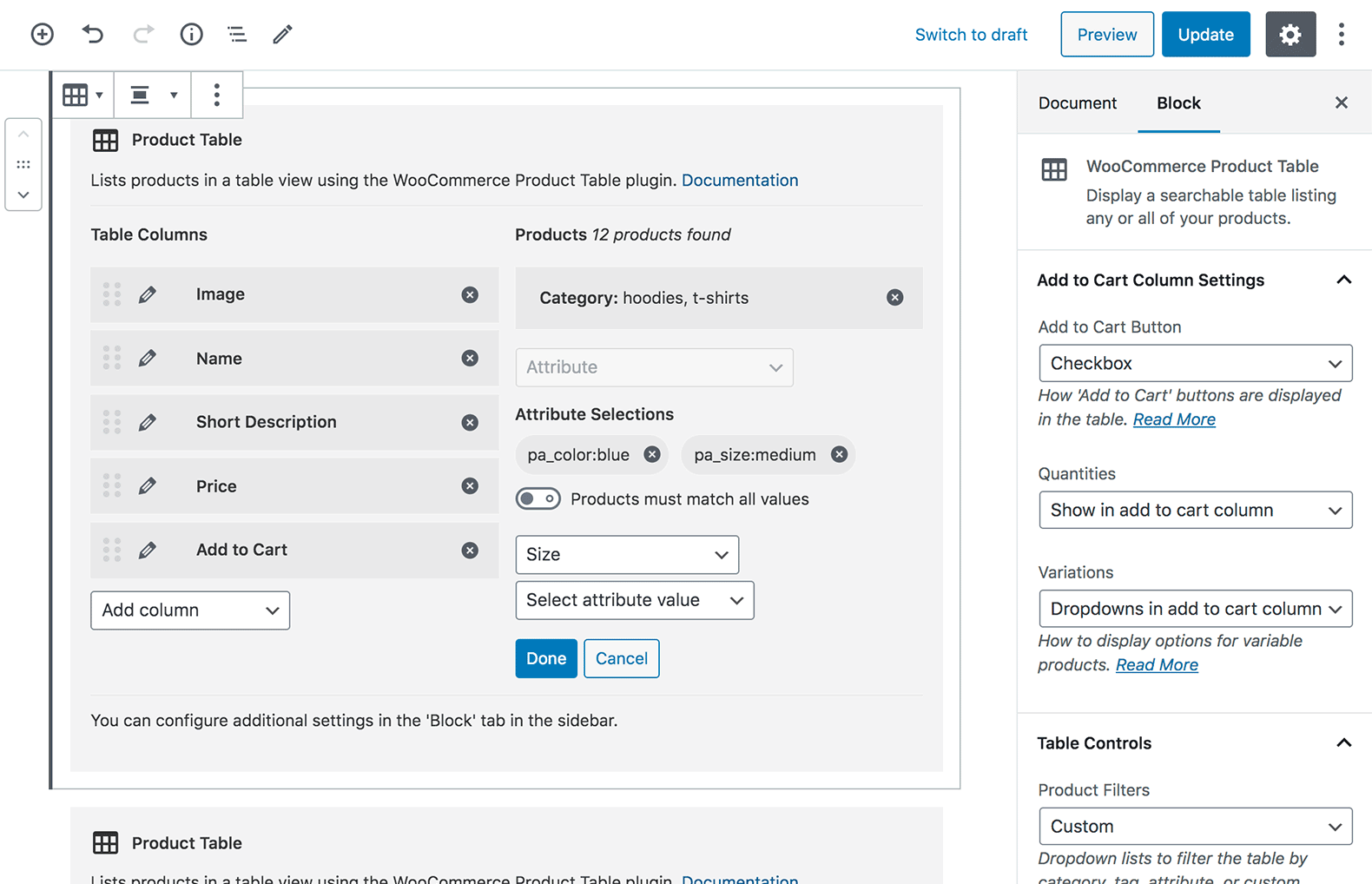 Configure your product table settings directly in the Gutenberg block.