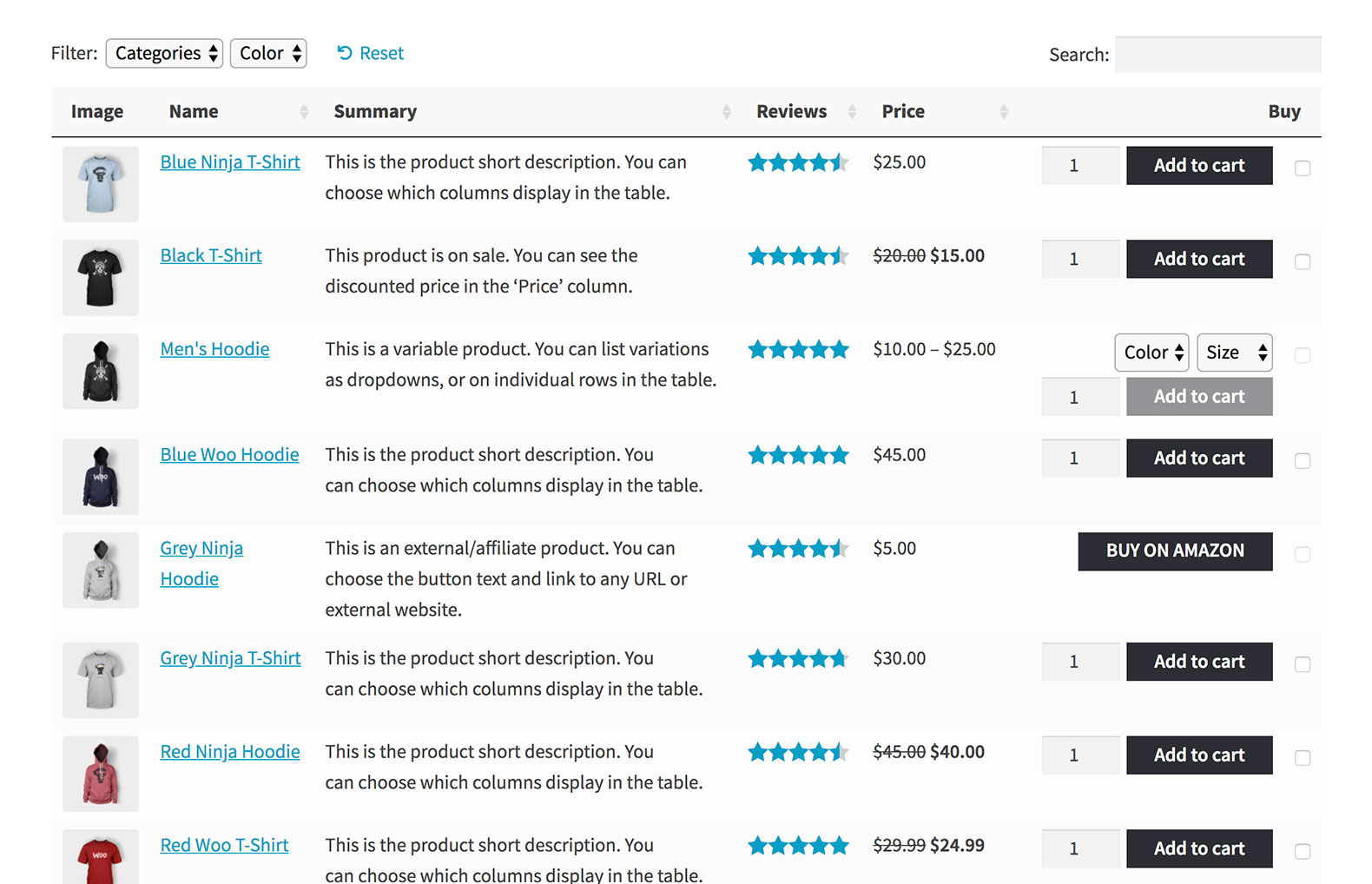 When used together with the WooCommerce Product Table plugin, the Gutenberg block displays a fully functional order form.