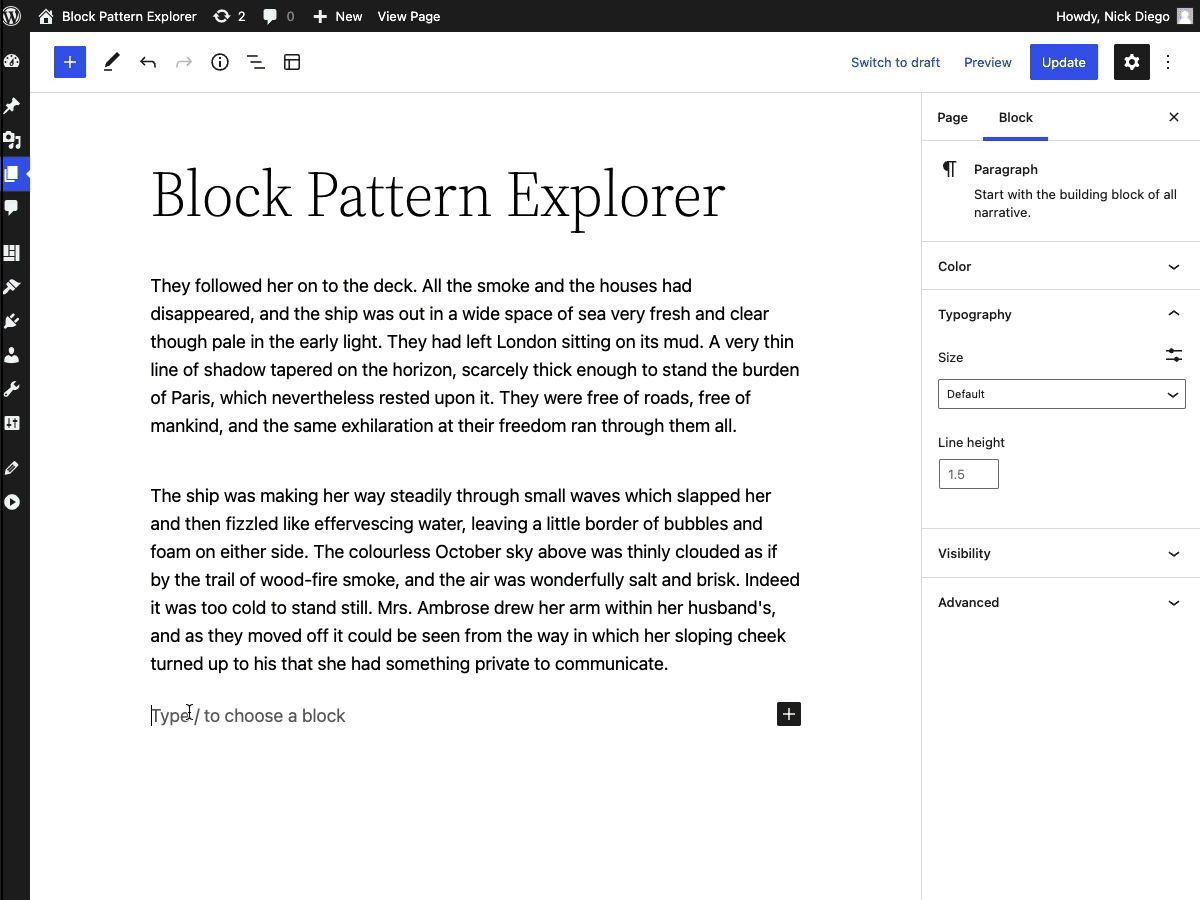 Inserting a pattern from the upcoming Twenty Twenty-Two theme into the Block Editor using the block pattern explorer.