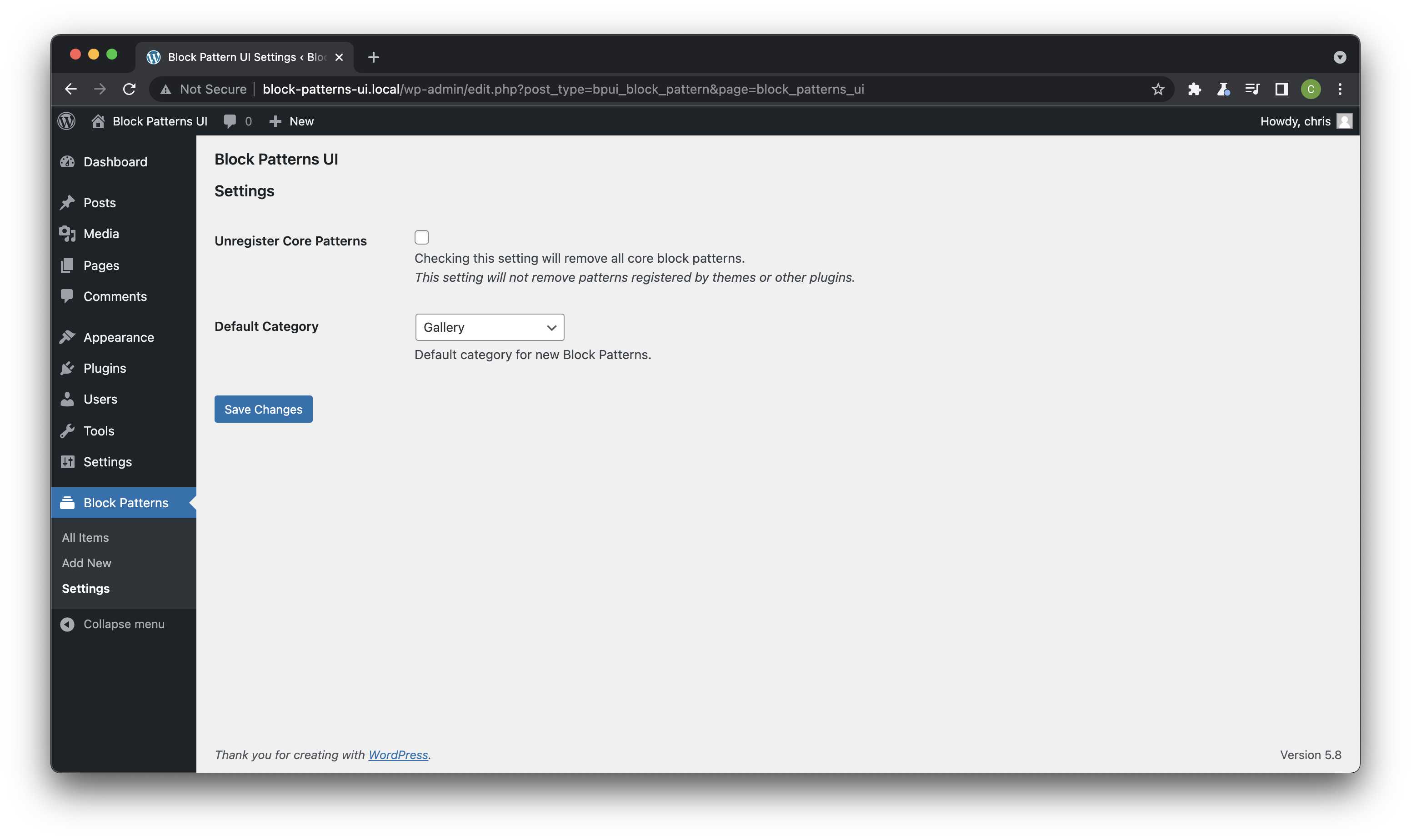 Block Patterns UI settings