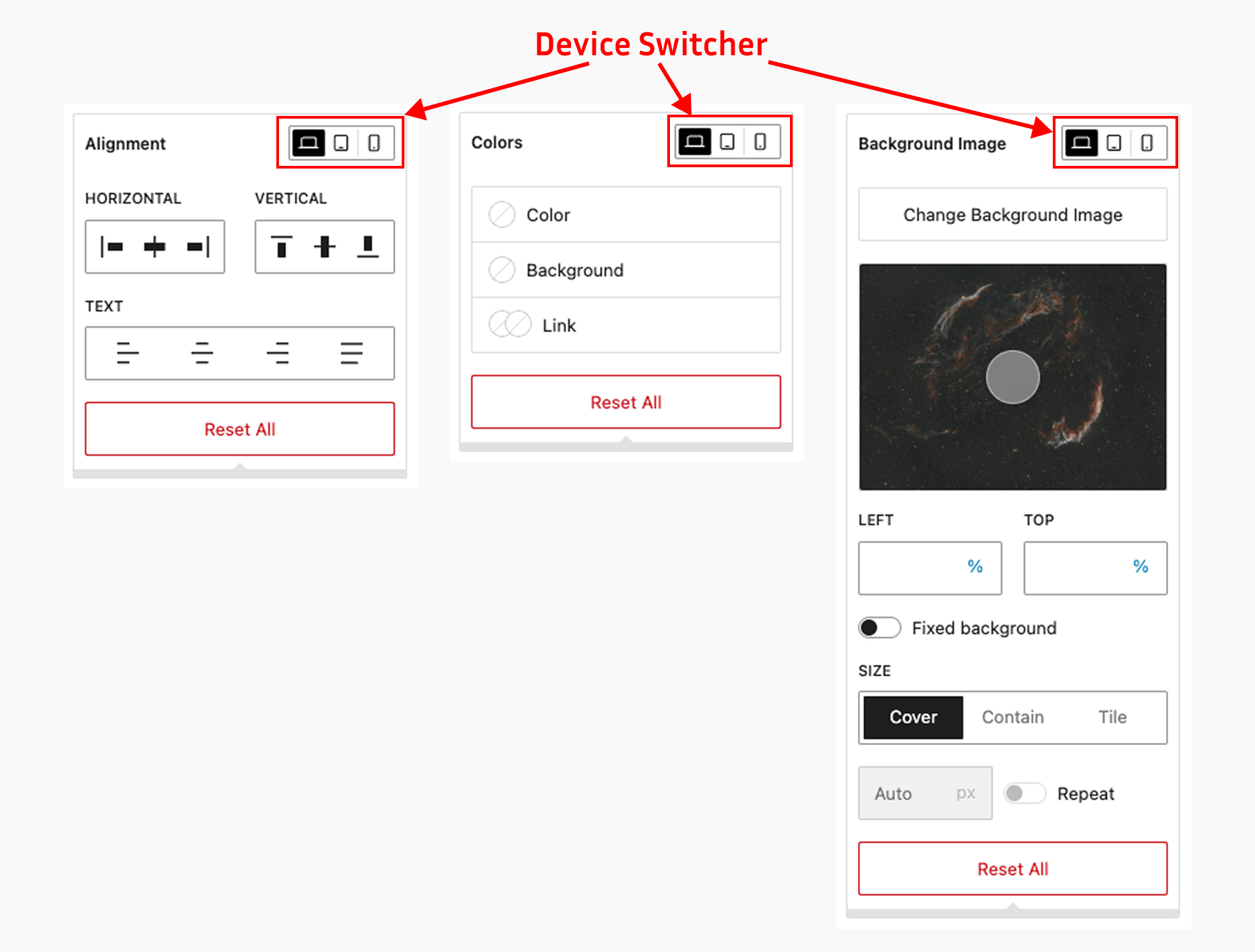 Device-specific controls for mobile, tablet, and desktop