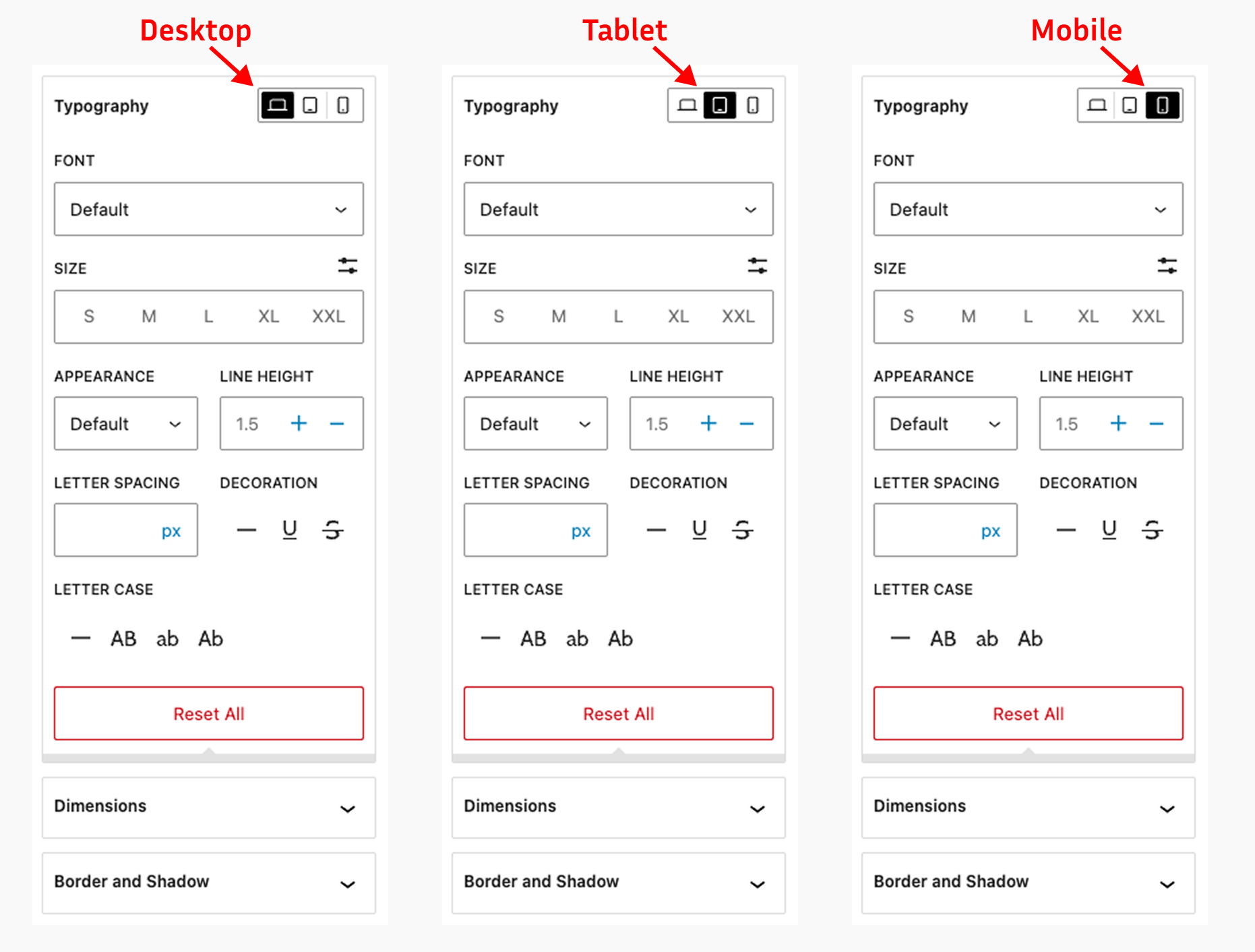 Responsive typography controls with device-specific font size settings