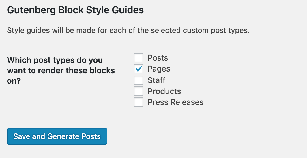 The main screen for Gutenberg Block Style Guides.