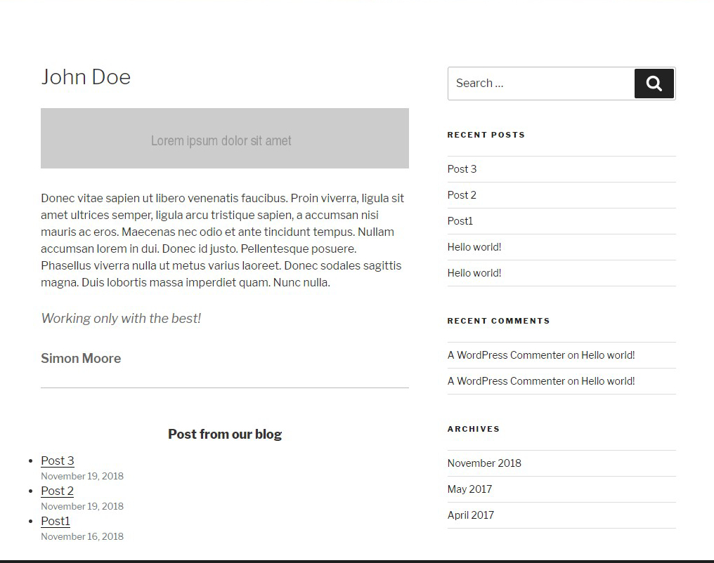The frontend view of an item with a template assigned.