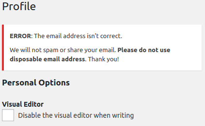 Temporary email address blocked when updating profile