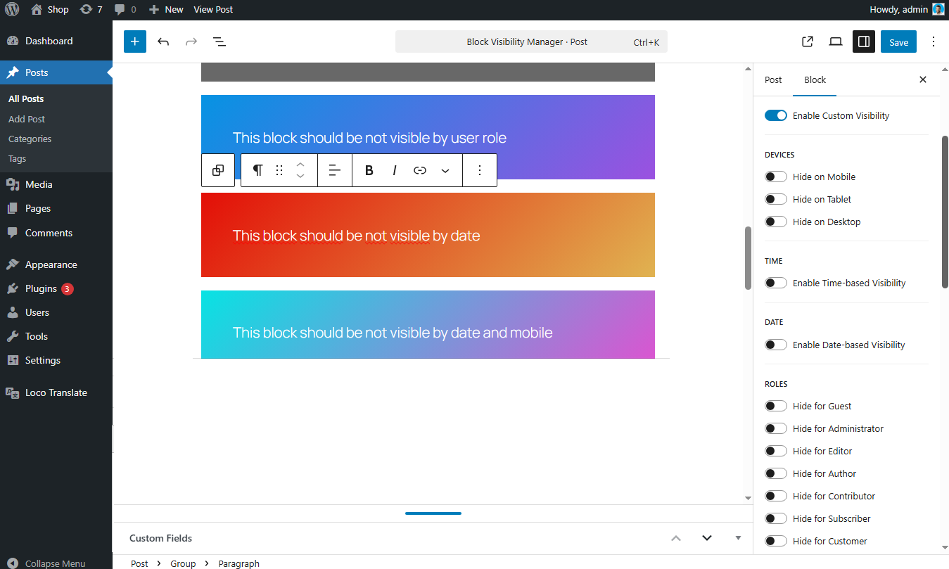 Visibility options available inside block settings.