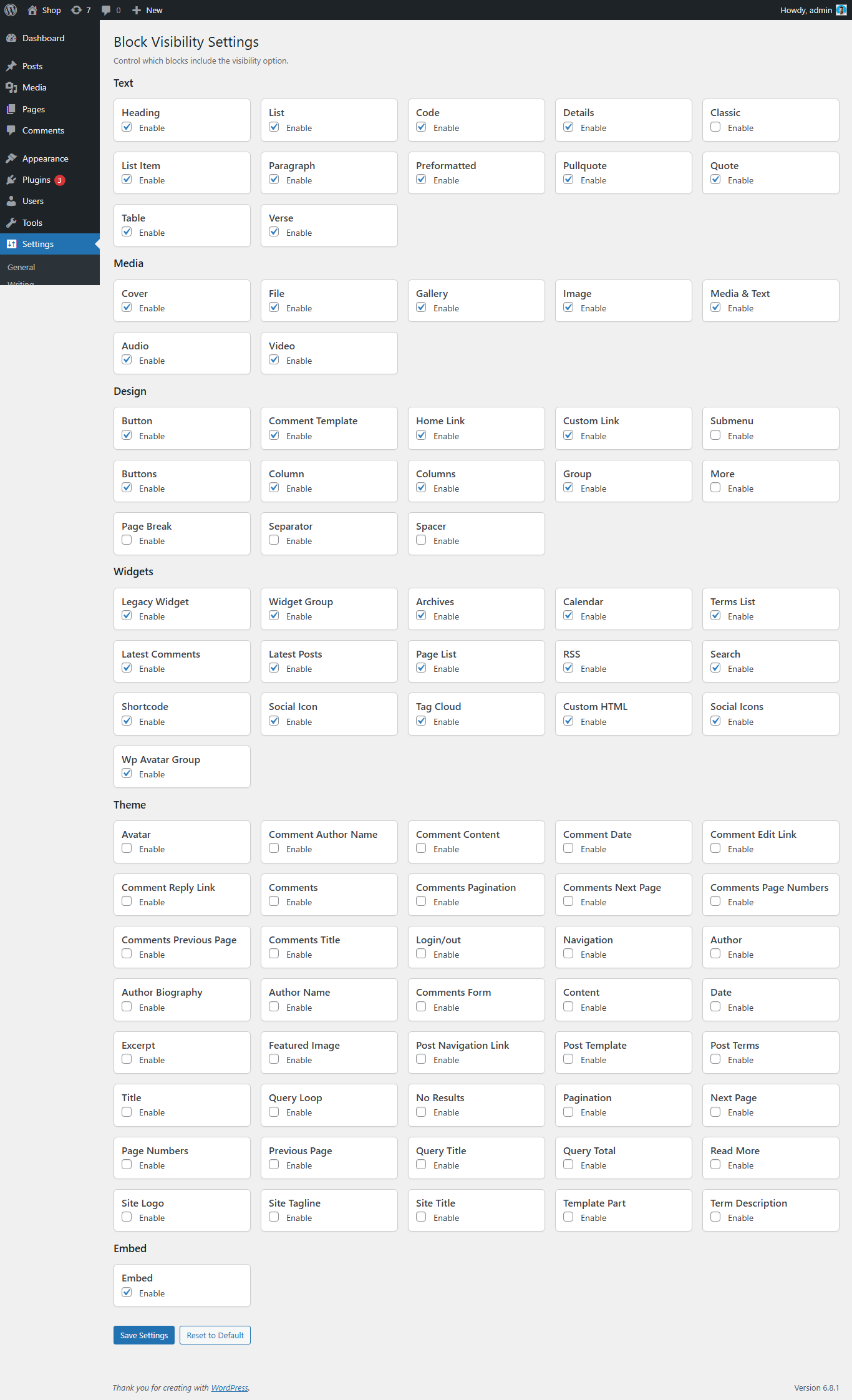 Admin panel to enable or disable visibility support per block.