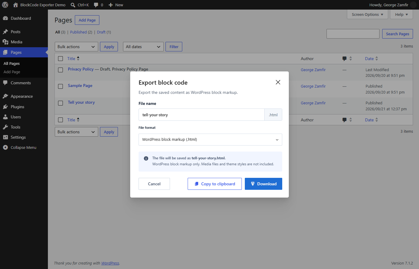 Choose a filename and file format, then download the saved block markup or copy it.