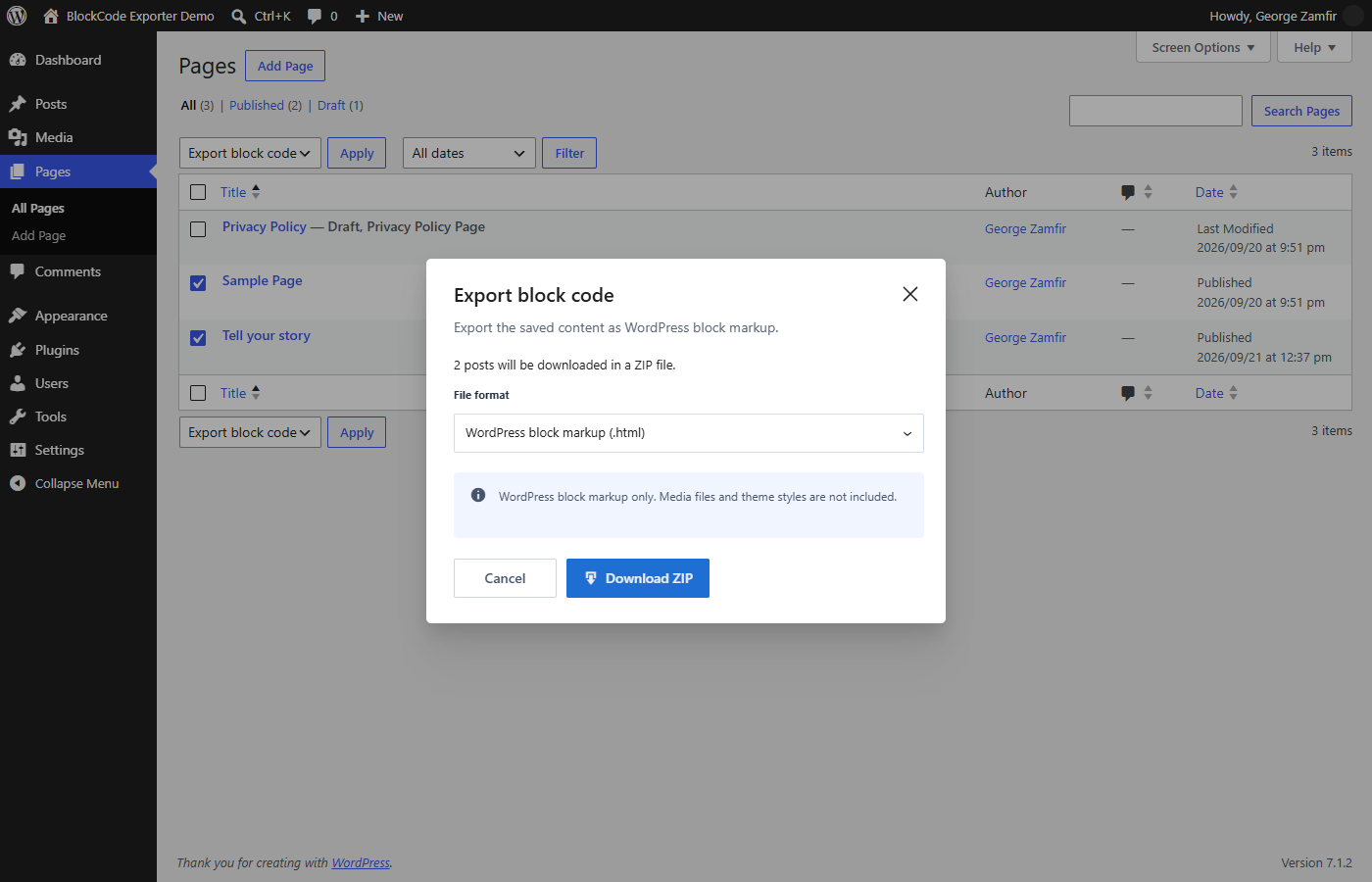 Export several selected pages as separate files in one ZIP.