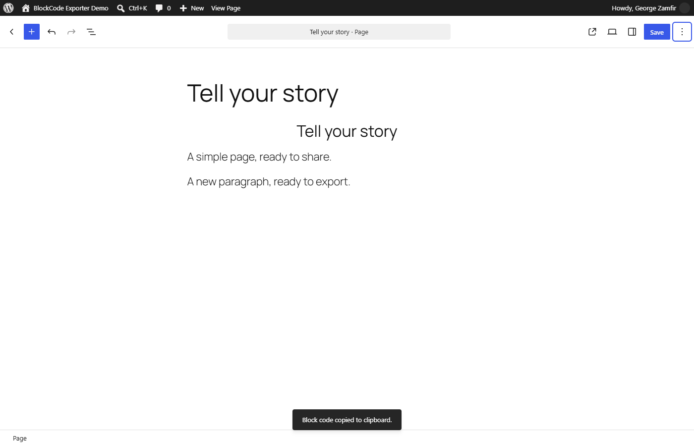WordPress confirms when the current editor content has been copied to the clipboard.