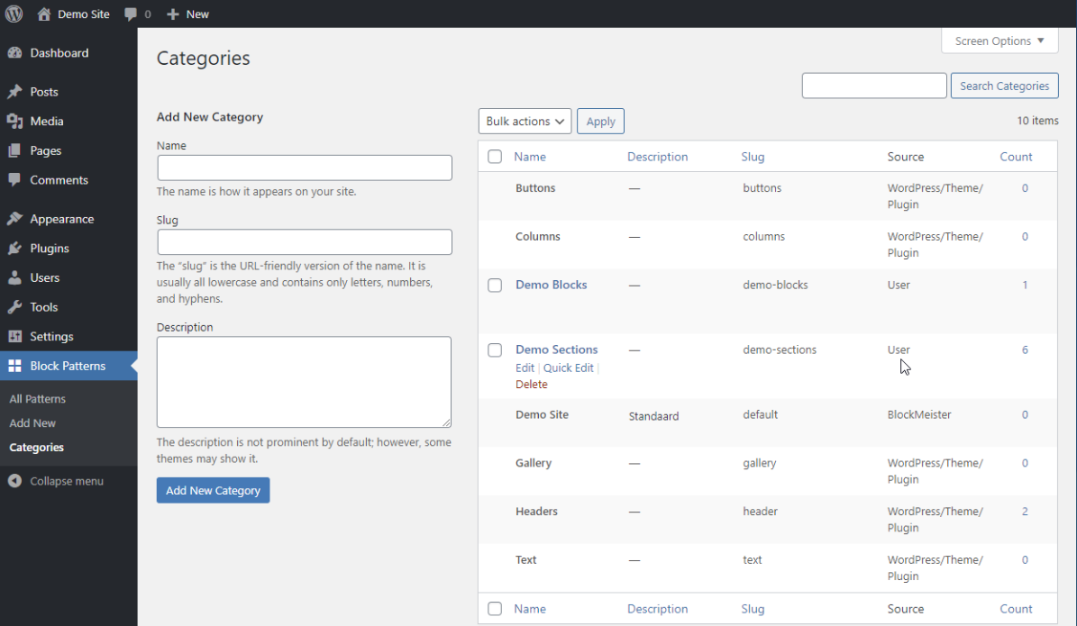 Categories list table screen.