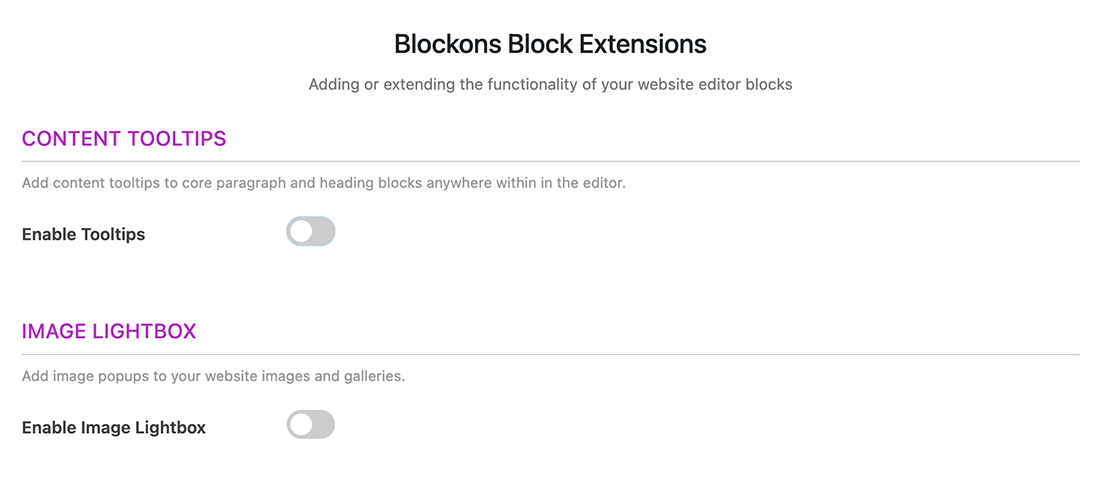 **Blockons Blocks Extensions** - Add content Tooltips anywhere on your site, and Image Lightbox to your content images