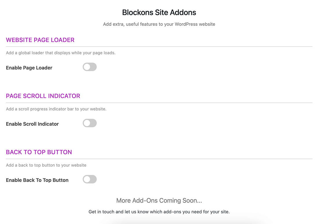 **Blockons Site Add-Ons** - Blockons offers extra site addons to further enhance your website usability