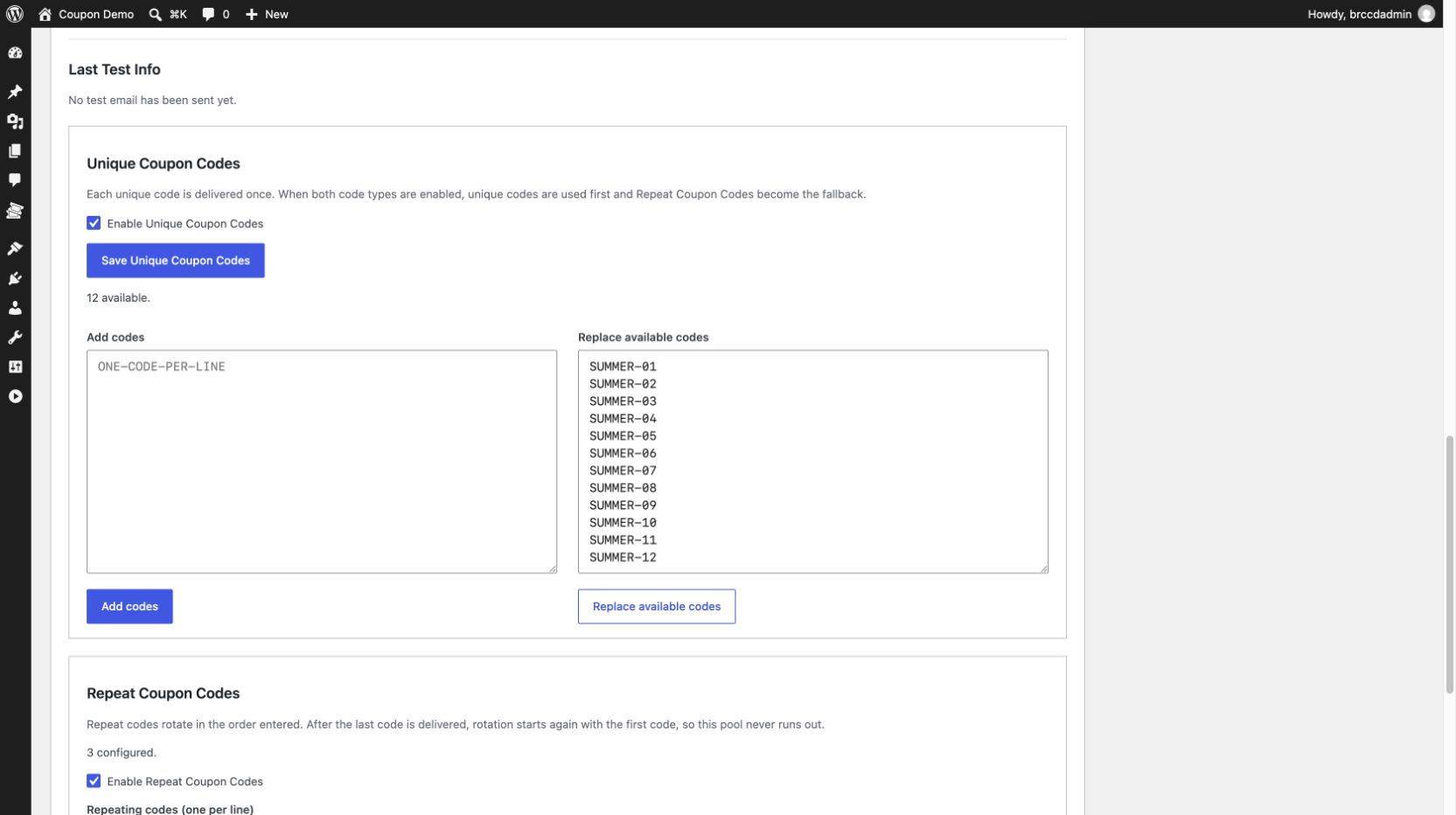 Configure delivery messages, email templates, limits, consent, Unique Coupon Codes, and rotating Repeat Coupon Codes.