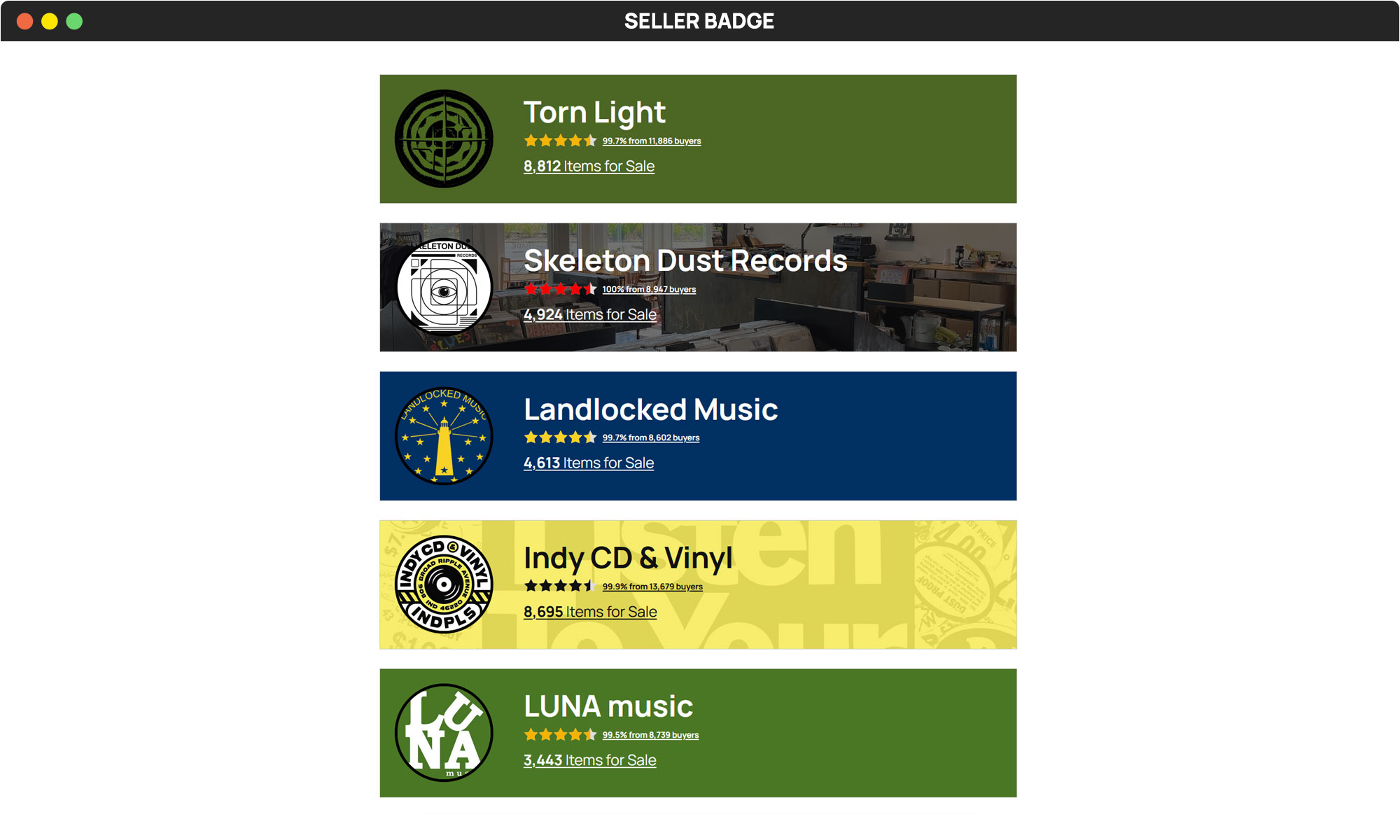 Minimal seller badge that includes profile photo, customizable colors, inventory count, seller ratings, and more