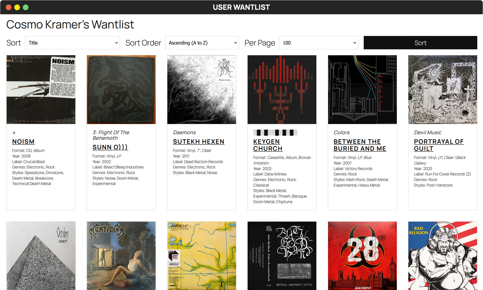 Display a grid or list of titles from a user’s wantlist, with options for displaying any/all fields (image, title, artist, year, label, genres, styles)