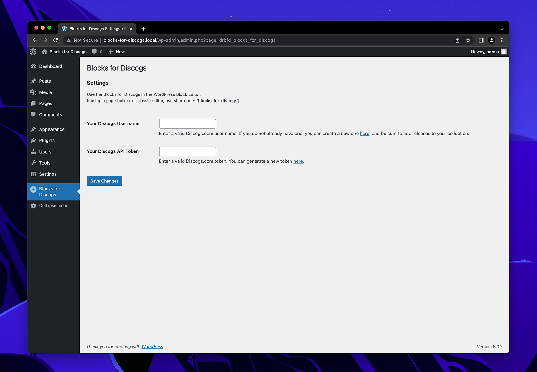 View of the settings page
