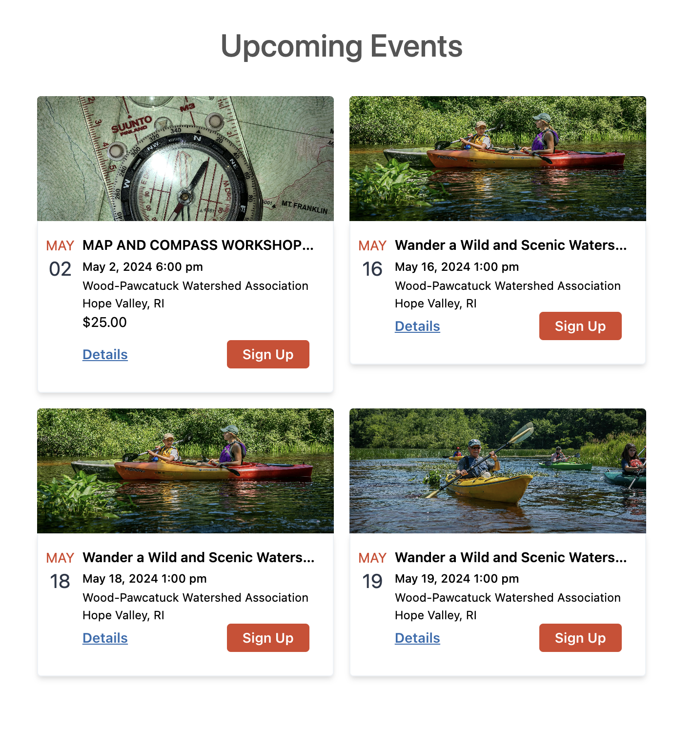 Event card block displaying events on a website