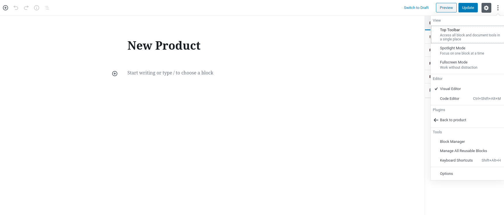 Block Editor (you can go back on More menu)