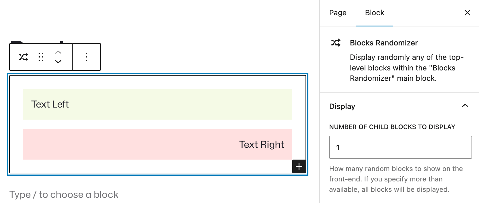 Block settings panel showing options to control how many random blocks display at once