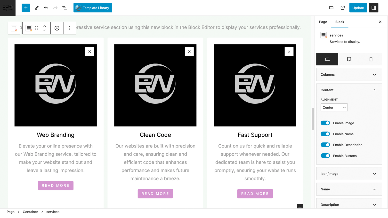 Section with Services WordPress Block