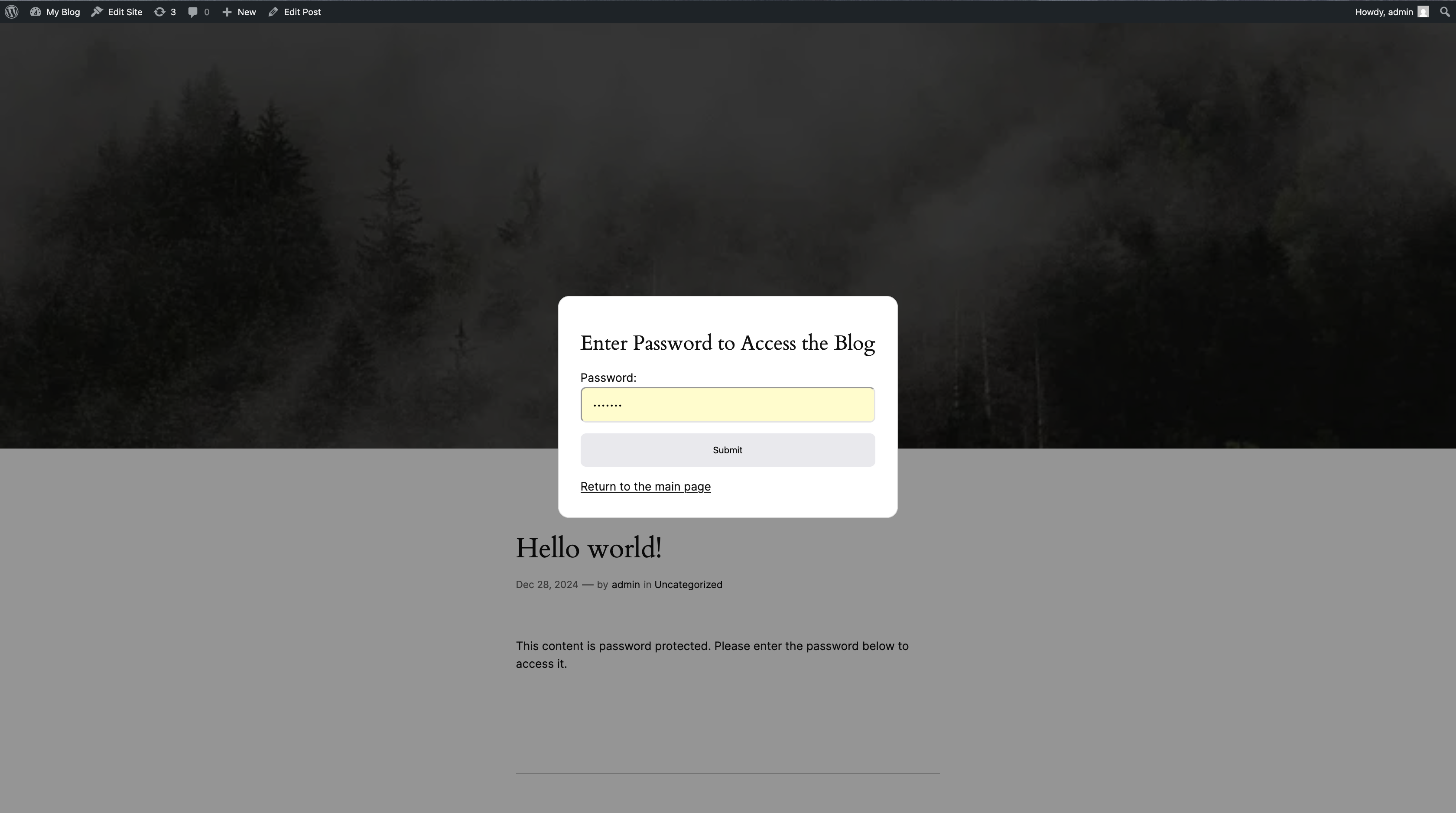 Blog frontend with protected content and password request.