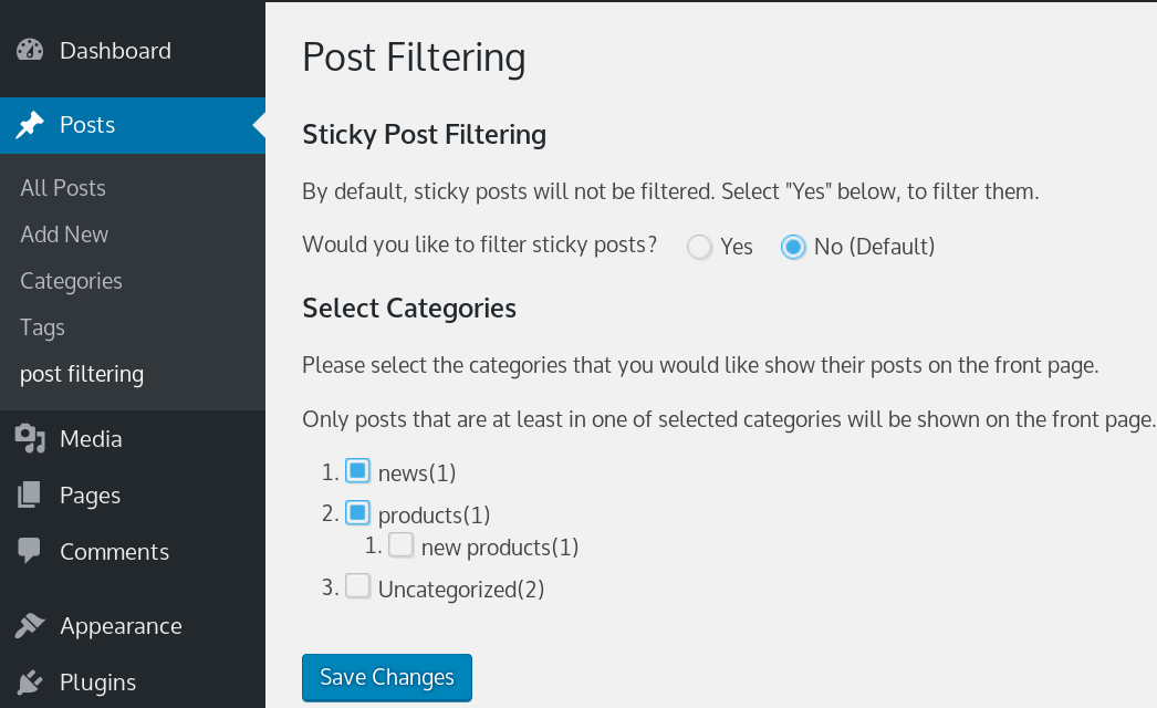 Preview of the Blog Post Filter's admin page (v1.0.1).