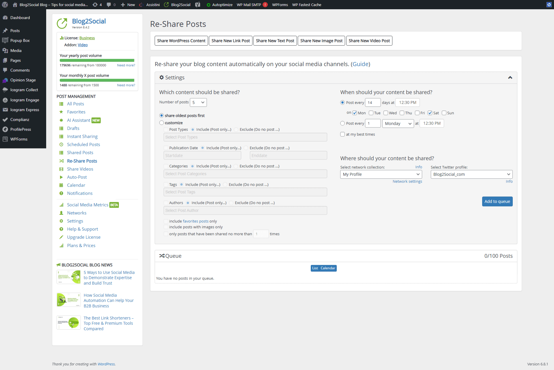 Schedule posts recurrently. Select the duration in weeks, months or create your own repeated scheduling.