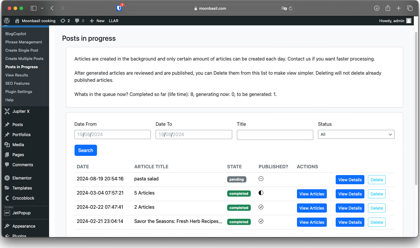 Plugin main page with license information and usage statistics.