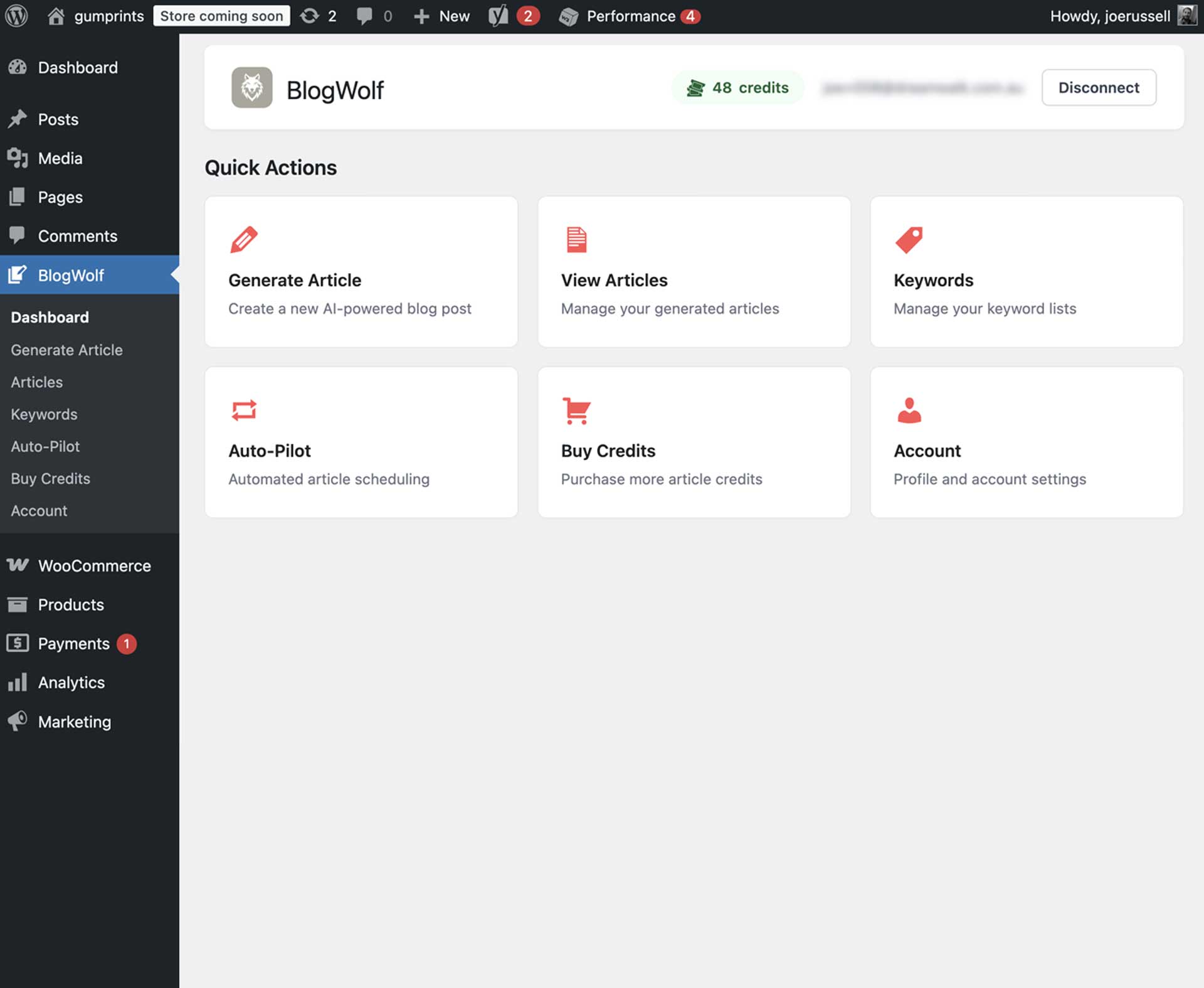 Dashboard - Quick access to all BlogWolf features from your WordPress admin