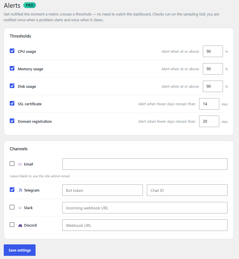 Smart alerts — thresholds and channels for email, Telegram, Slack and Discord (Pro).
