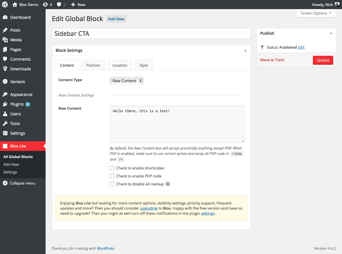 An example Global Block featuring the Raw Content content type