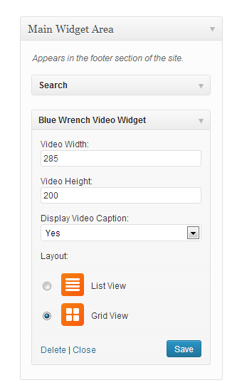 Insert Blue Wrench Video Widget to any available Widget area, for example, in Main sidebar. You can set video iframe width and height. Display or hide video captions in widget area.