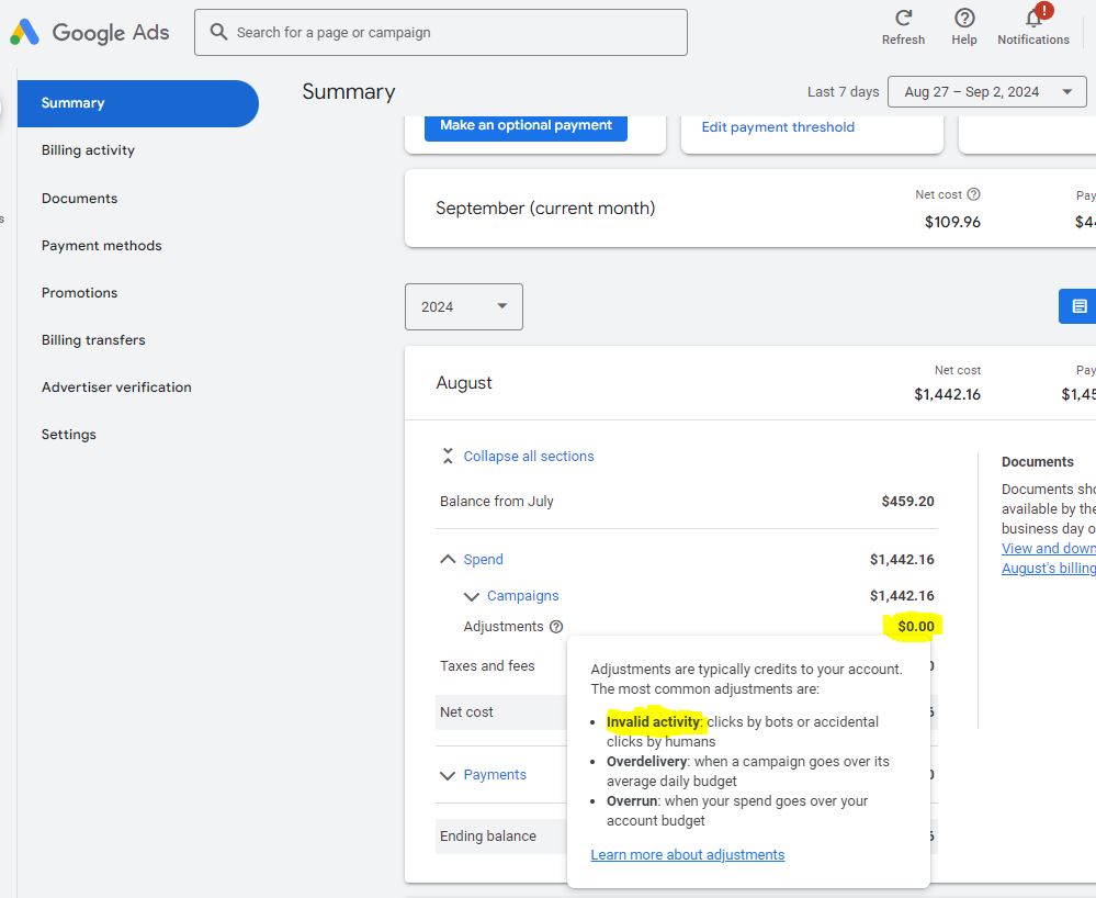 Client's Google Ads billing summary (Sep 3, 2024) showing no invalid activity adjustments done by Google. Invalid traffic had already been stopped by Bluefield Identity.