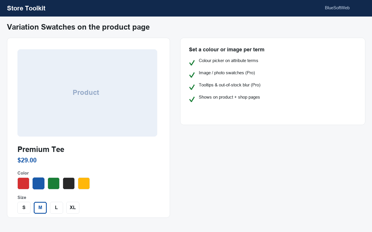Colour and label variation swatches on the product page.