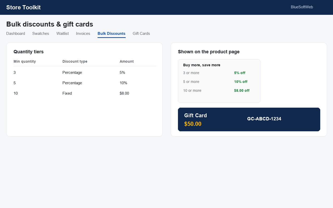 Bulk discount tiers and the product-page discount table.